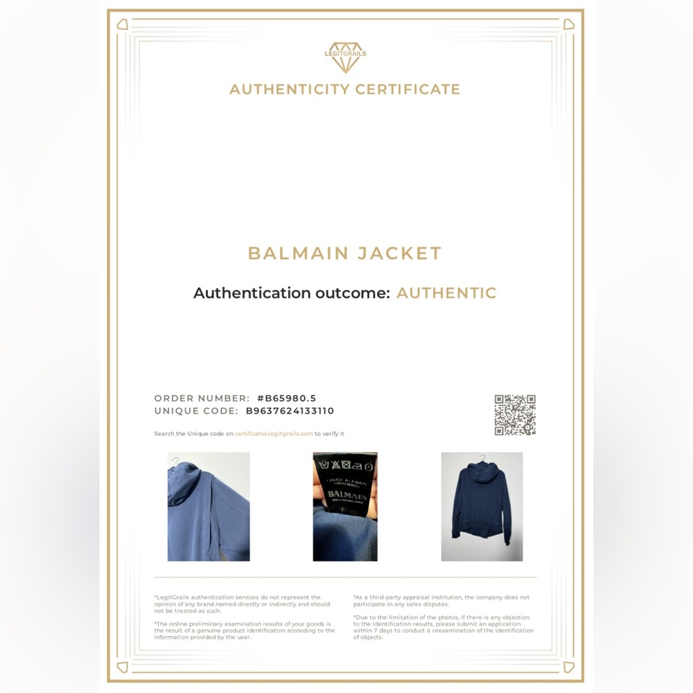 Balmain Zipper Jacket With COA & Removable Hood in Navy - Picture 15 of 15